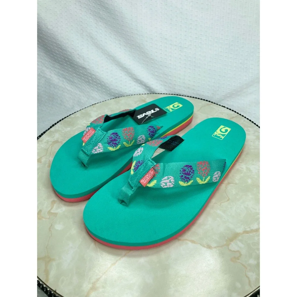 Teva Mush II Floral Embroidered Flip Flop Sandals Kids 6 Teal Green Summer Chic